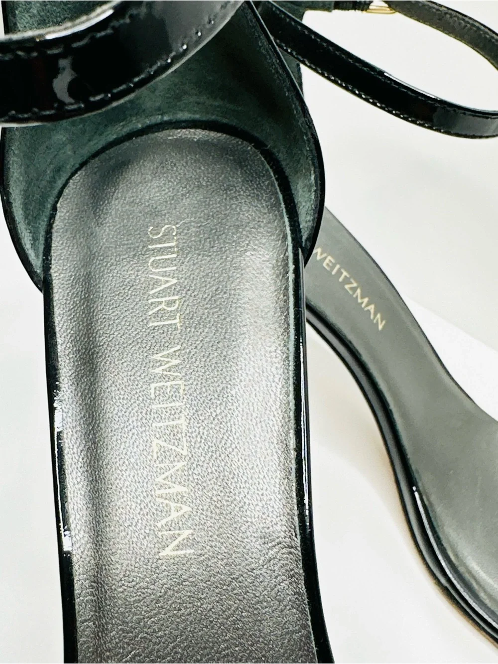 Stuart Weitzman Black Patent Leather Nudist Curve Ankle-Strap Heels Shoes Sandal